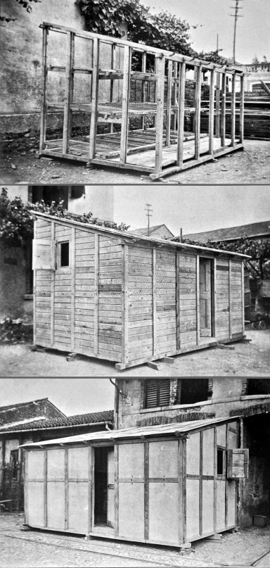 Three images showing the construction stages of a wooden structure.