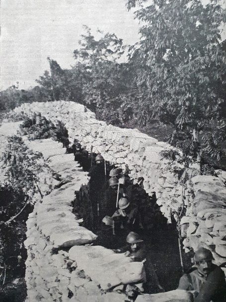 Soldiers positioned in a trench, surrounded by foliage.