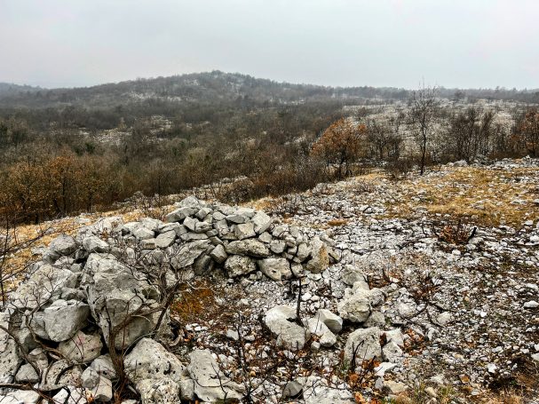 Rocky terrain covered with sparse vegetation, with a misty landscape in the background.