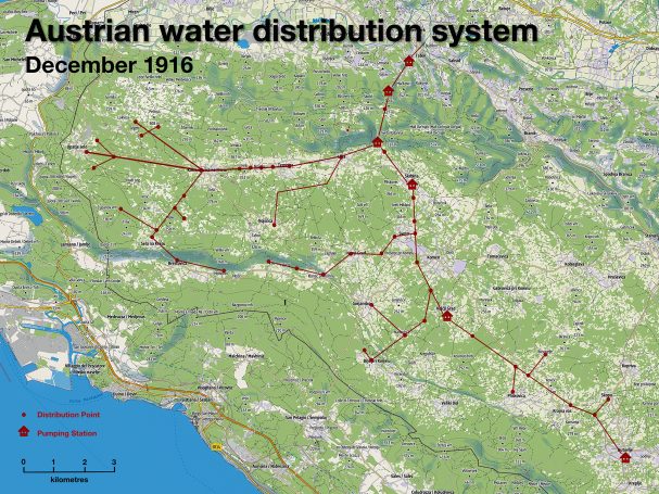 Map of the Austrian water distribution system as of December 1916, showing routes and locations.