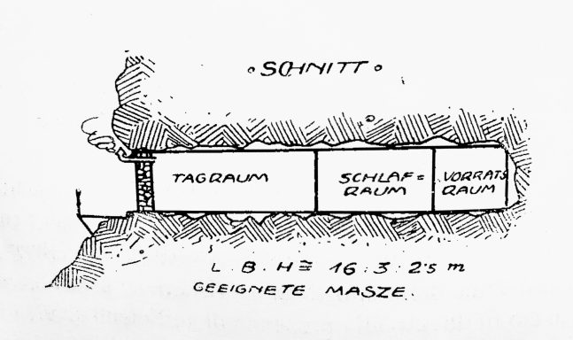 Diagram of a historical mine layout showing tunnel sections and dimensions.