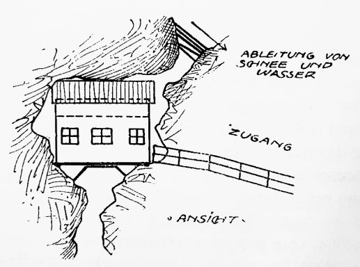 Sketch of a small house on a cliff with a bridge and labeled entrance.