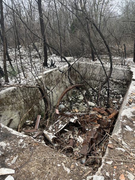 Abandoned concrete structure surrounded by charred trees and debris.