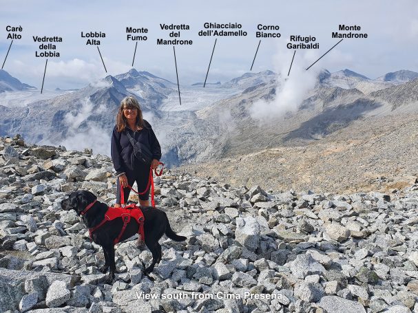 A woman in a black jacket stands with a black dog on rocky terrain, with mountains in the background.