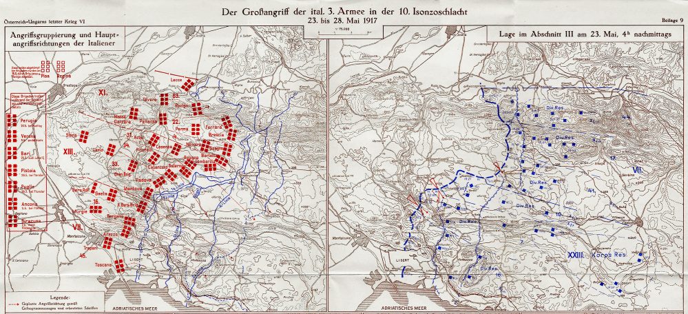 Historical map showing red and blue-marked locations, with annotations in German.