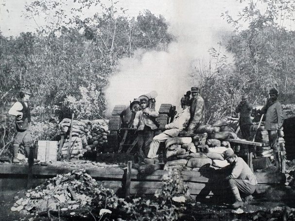 Historical scene depicting people working amidst smoke and debris in a natural setting.