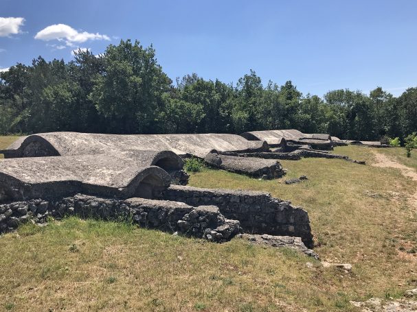 Ruins of ancient stone buildings surrounded by greenery and blue skies.