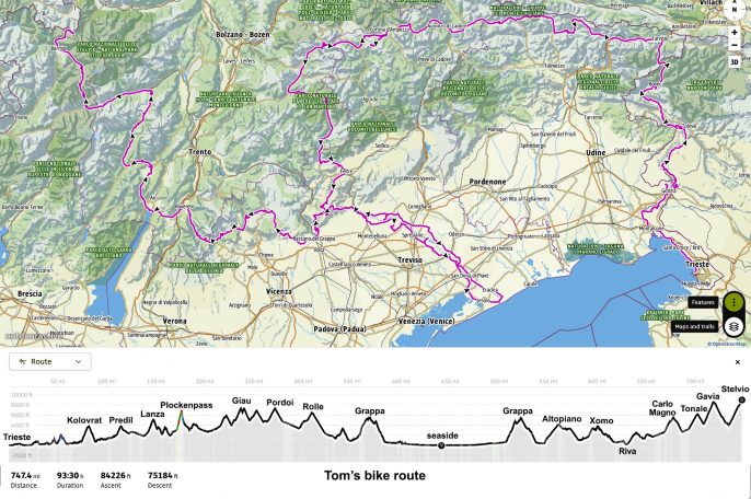 Map showing a cycling route around mountainous terrain, with elevation profile below.
