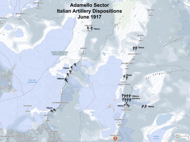 Map showing Italian artillery dispositions in the Asiago sector, June 1917.