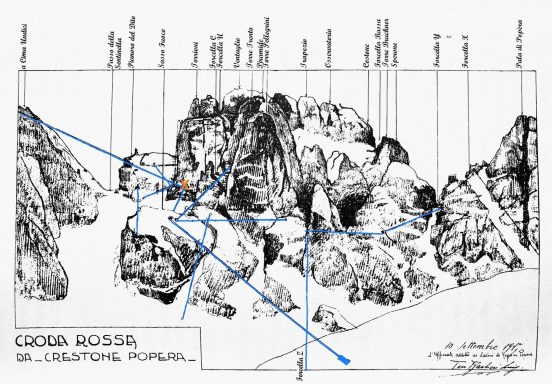 A detailed sketch of a mountainous terrain with labelled routes and peak names.